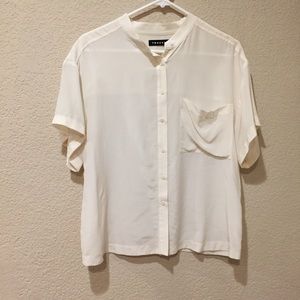 Trouve silk pocket front button down blouse